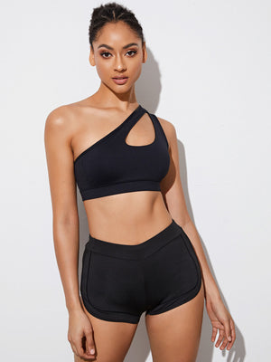 Black Padded Seamless One Shoulder Sports Bra