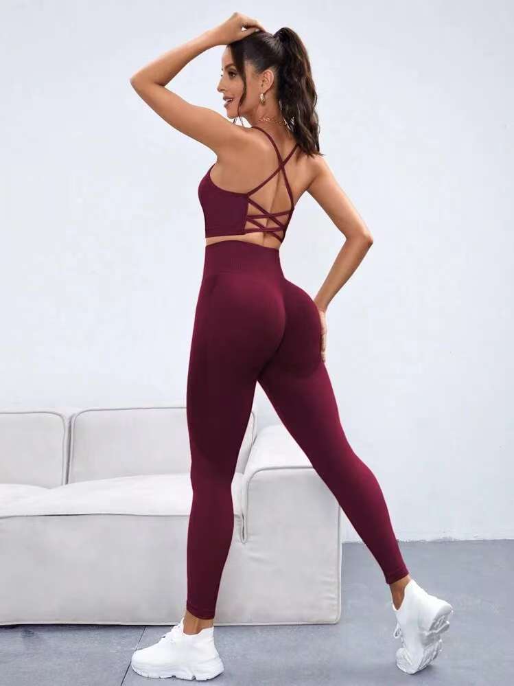 MODEL-011 High Waisted Leggings  and Cross Back Sports Bra Gym Set