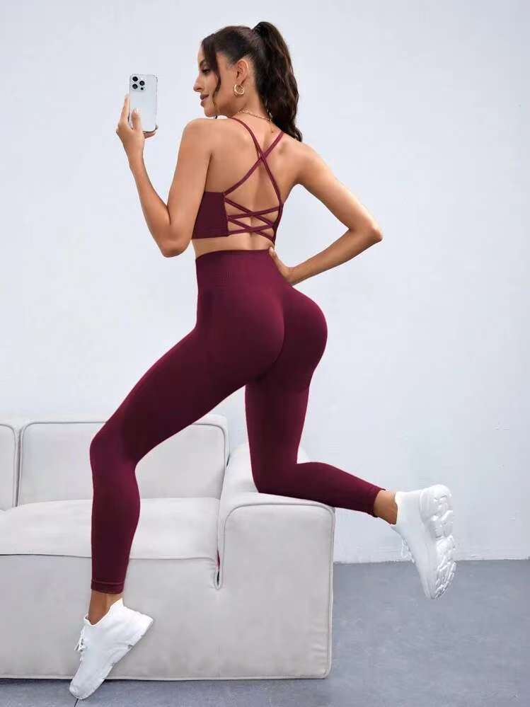 MODEL-011 High Waisted Leggings  and Cross Back Sports Bra Gym Set